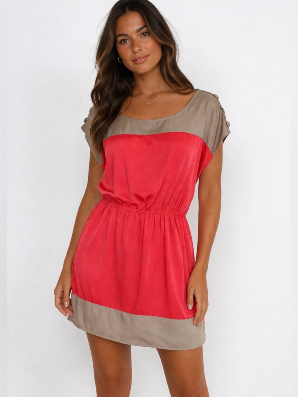 Soprano Short Sleeve Doman Colorblock Mini Dress Coral Red Camel Tan L